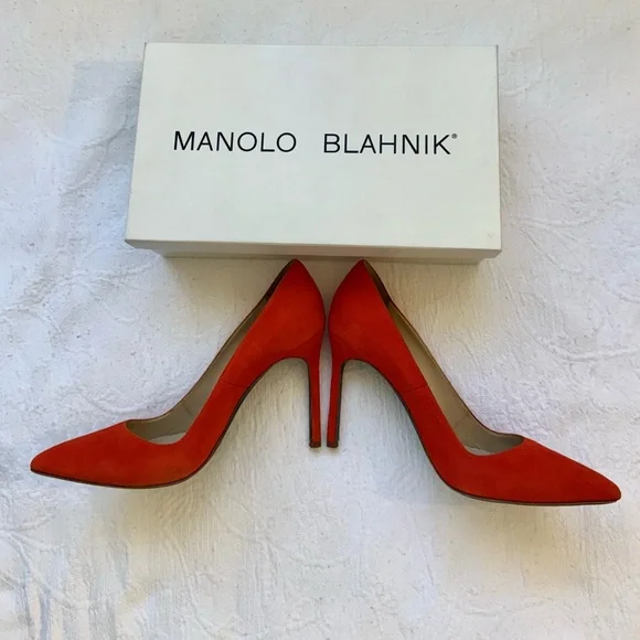 Manolo Blahnik Orange Suede Pumps Size 37 (US 7) Pointed Toe Stiletto Heels - Picture 10 of 13